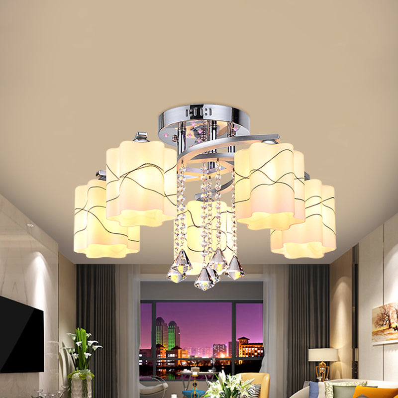 Chrome 3/5 Bulbs Ceiling Flush Simple Frosted Glass Scalloped Semi Flush Mount with Crystal Drop Clearhalo 'Ceiling Lights' 'Close To Ceiling Lights' 'Close to ceiling' 'Semi-flushmount' Lighting' 874689