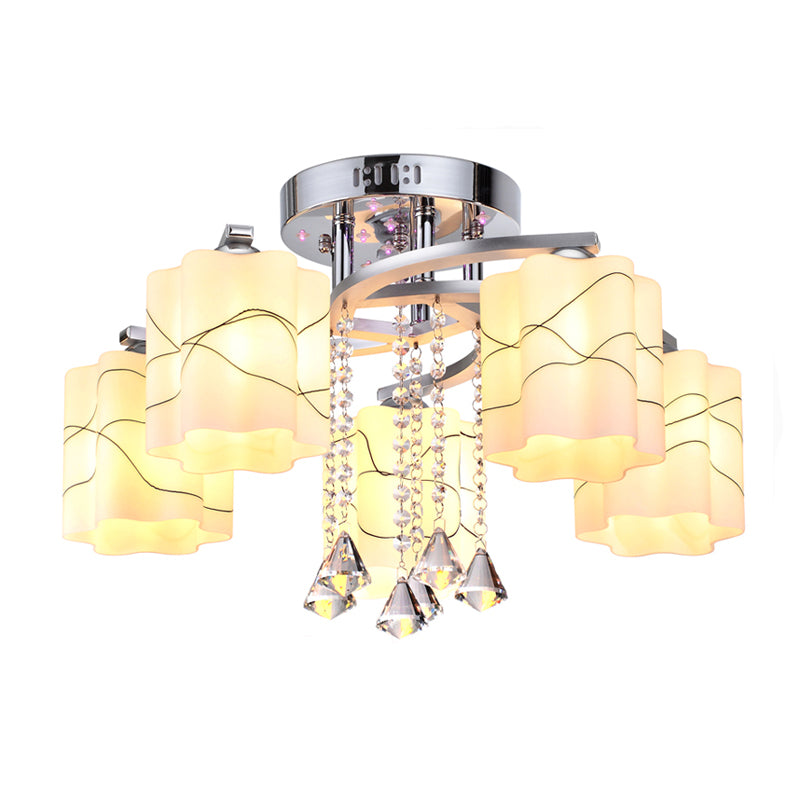 Chrome 3/5 Bulbs Ceiling Flush Simple Frosted Glass Scalloped Semi Flush Mount with Crystal Drop Clearhalo 'Ceiling Lights' 'Close To Ceiling Lights' 'Close to ceiling' 'Semi-flushmount' Lighting' 874690