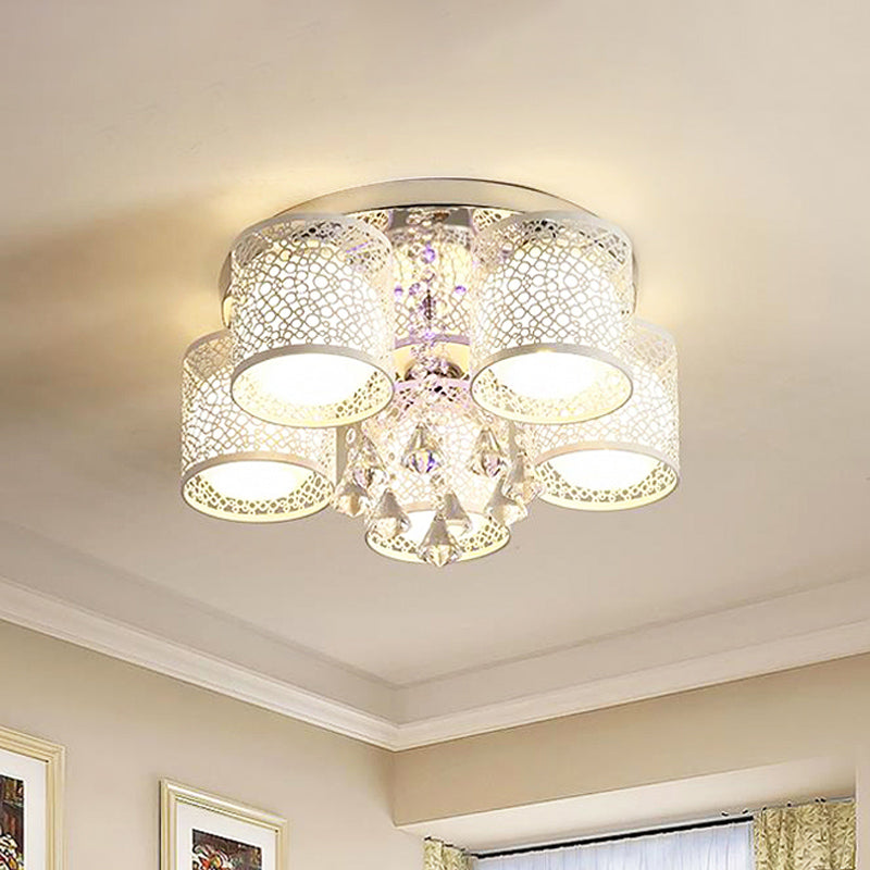 Metal Chrome Semi Flush Light Cylinder 3/5 Heads Modern Flush Mount with Frosted Glass Shade and Crystal 5 Chrome Clearhalo 'Ceiling Lights' 'Close To Ceiling Lights' 'Close to ceiling' 'Semi-flushmount' Lighting' 874697