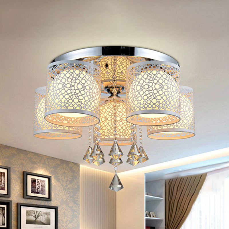 Metal Chrome Semi Flush Light Cylinder 3/5 Heads Modern Flush Mount with Frosted Glass Shade and Crystal Clearhalo 'Ceiling Lights' 'Close To Ceiling Lights' 'Close to ceiling' 'Semi-flushmount' Lighting' 874698