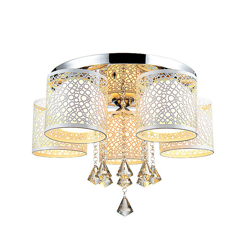 Metal Chrome Semi Flush Light Cylinder 3/5 Heads Modern Flush Mount with Frosted Glass Shade and Crystal Clearhalo 'Ceiling Lights' 'Close To Ceiling Lights' 'Close to ceiling' 'Semi-flushmount' Lighting' 874699