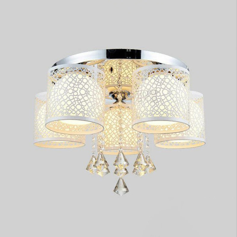 Metal Chrome Semi Flush Light Cylinder 3/5 Heads Modern Flush Mount with Frosted Glass Shade and Crystal Clearhalo 'Ceiling Lights' 'Close To Ceiling Lights' 'Close to ceiling' 'Semi-flushmount' Lighting' 874700