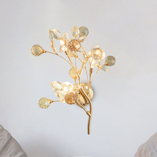 Beveled Crystal Gold Sconce Light Branch 3 Heads Modernism Wall Lighting Fixture Gold Clearhalo 'Cast Iron' 'Glass' 'Industrial' 'Modern wall lights' 'Modern' 'Tiffany' 'Traditional wall lights' 'Wall Lamps & Sconces' 'Wall Lights' Lighting' 874851