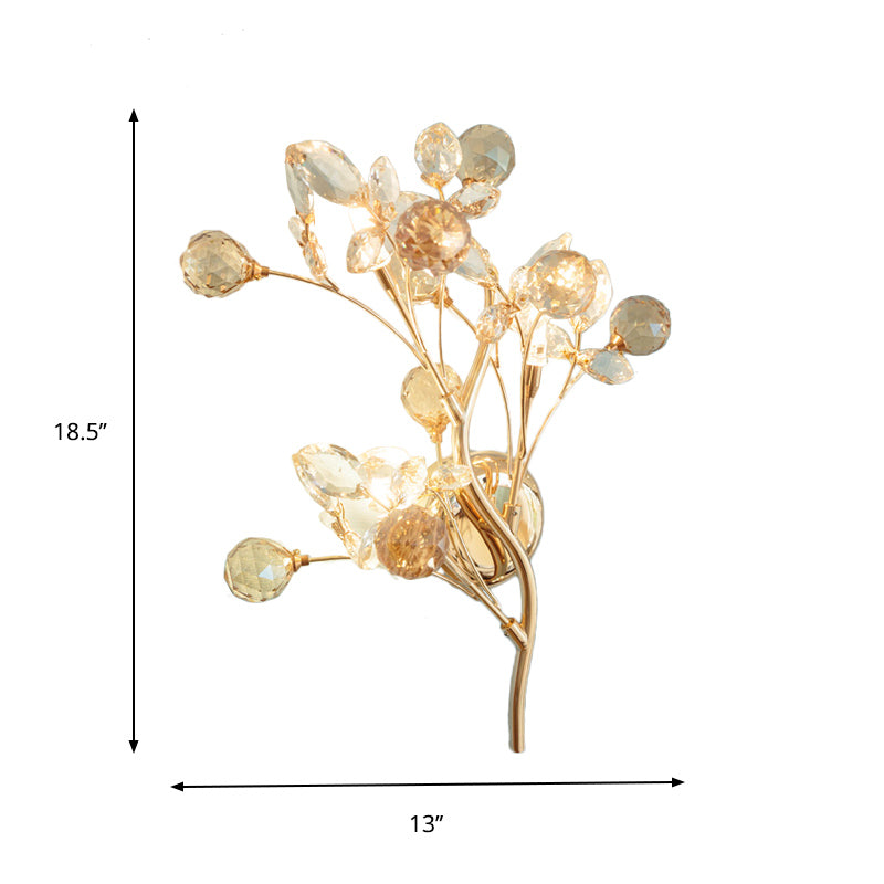 Beveled Crystal Gold Sconce Light Branch 3 Heads Modernism Wall Lighting Fixture Clearhalo 'Cast Iron' 'Glass' 'Industrial' 'Modern wall lights' 'Modern' 'Tiffany' 'Traditional wall lights' 'Wall Lamps & Sconces' 'Wall Lights' Lighting' 874854