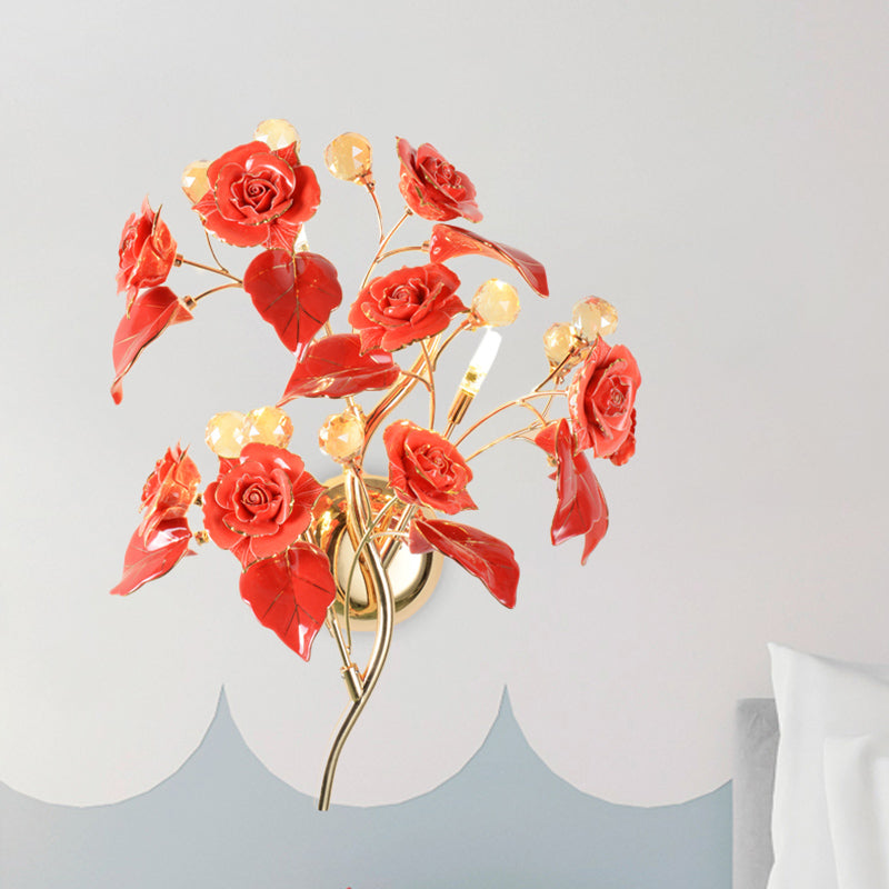 Faceted Crystal Flower Sconce Modernism 3 Bulbs Bedroom Wall Mounted Light Fixture in White/Red/Green Red Clearhalo 'Modern wall lights' 'Modern' 'Wall Lamps & Sconces' 'Wall Lights' Lighting' 874855