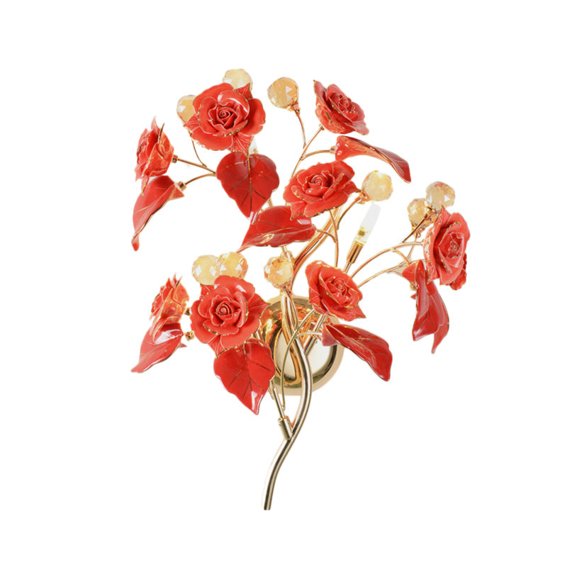 Faceted Crystal Flower Sconce Modernism 3 Bulbs Bedroom Wall Mounted Light Fixture in White/Red/Green Clearhalo 'Modern wall lights' 'Modern' 'Wall Lamps & Sconces' 'Wall Lights' Lighting' 874857