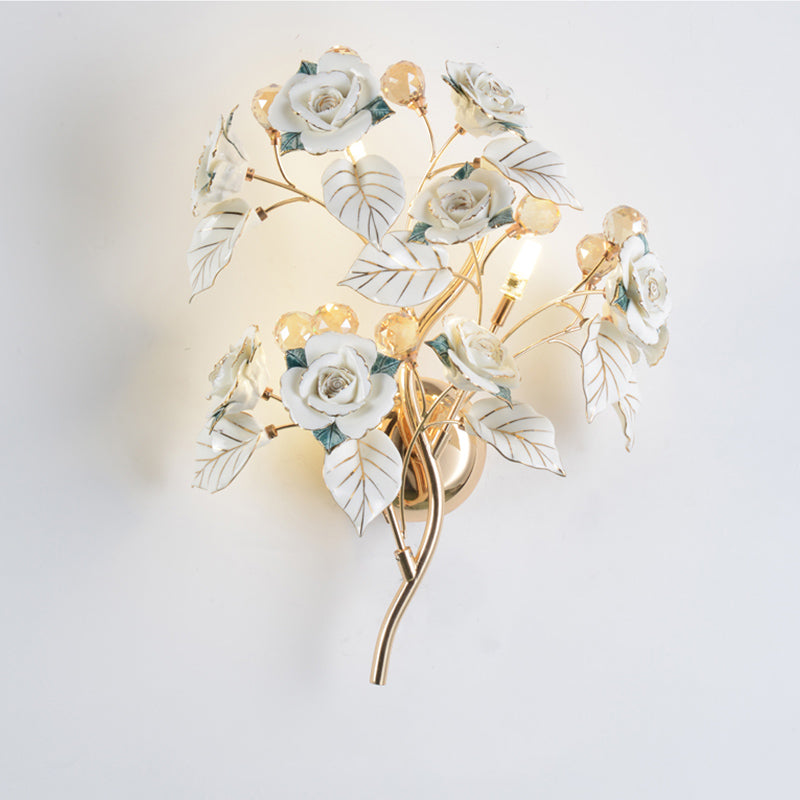 Faceted Crystal Flower Sconce Modernism 3 Bulbs Bedroom Wall Mounted Light Fixture in White/Red/Green Clearhalo 'Modern wall lights' 'Modern' 'Wall Lamps & Sconces' 'Wall Lights' Lighting' 874862