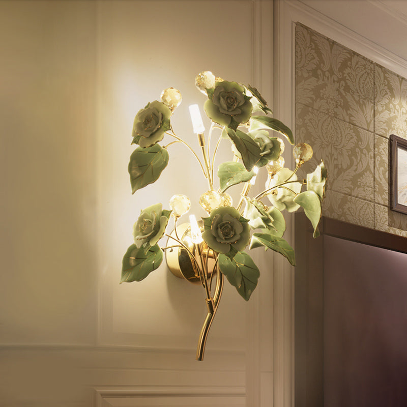 Faceted Crystal Flower Sconce Modernism 3 Bulbs Bedroom Wall Mounted Light Fixture in White/Red/Green Green Clearhalo 'Modern wall lights' 'Modern' 'Wall Lamps & Sconces' 'Wall Lights' Lighting' 874863