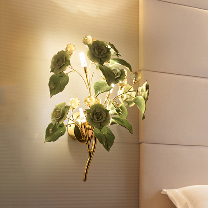 Faceted Crystal Flower Sconce Modernism 3 Bulbs Bedroom Wall Mounted Light Fixture in White/Red/Green Clearhalo 'Modern wall lights' 'Modern' 'Wall Lamps & Sconces' 'Wall Lights' Lighting' 874864