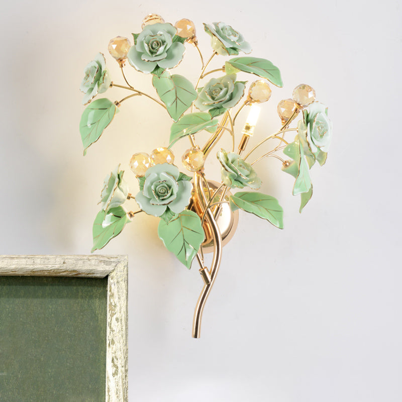 Faceted Crystal Flower Sconce Modernism 3 Bulbs Bedroom Wall Mounted Light Fixture in White/Red/Green Clearhalo 'Modern wall lights' 'Modern' 'Wall Lamps & Sconces' 'Wall Lights' Lighting' 874865