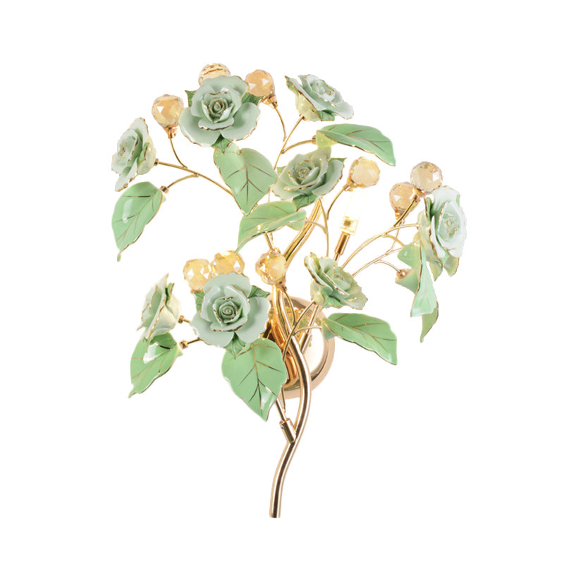 Faceted Crystal Flower Sconce Modernism 3 Bulbs Bedroom Wall Mounted Light Fixture in White/Red/Green Clearhalo 'Modern wall lights' 'Modern' 'Wall Lamps & Sconces' 'Wall Lights' Lighting' 874866