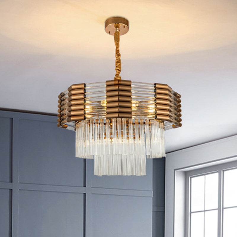 Brass Tiered Hanging Chandelier Minimalism K9 Crystal 9-Light Bedroom Suspension Pendant Brass Clearhalo 'Ceiling Lights' 'Chandeliers' 'Modern Chandeliers' 'Modern' Lighting' 874902