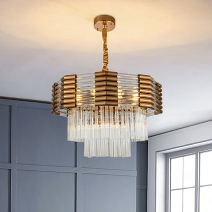Brass Tiered Hanging Chandelier Minimalism K9 Crystal 9-Light Bedroom Suspension Pendant Brass Clearhalo 'Ceiling Lights' 'Chandeliers' 'Modern Chandeliers' 'Modern' Lighting' 874902