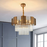 Brass Tiered Hanging Chandelier Minimalism K9 Crystal 9-Light Bedroom Suspension Pendant Brass Clearhalo 'Ceiling Lights' 'Chandeliers' 'Modern Chandeliers' 'Modern' Lighting' 874902