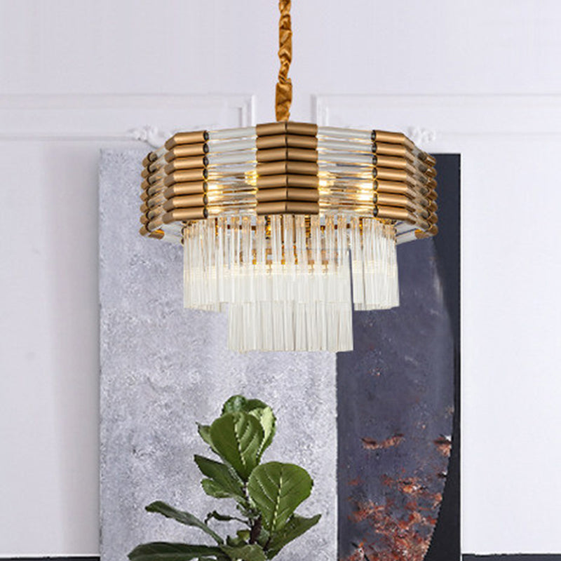 Brass Tiered Hanging Chandelier Minimalism K9 Crystal 9-Light Bedroom Suspension Pendant Clearhalo 'Ceiling Lights' 'Chandeliers' 'Modern Chandeliers' 'Modern' Lighting' 874903