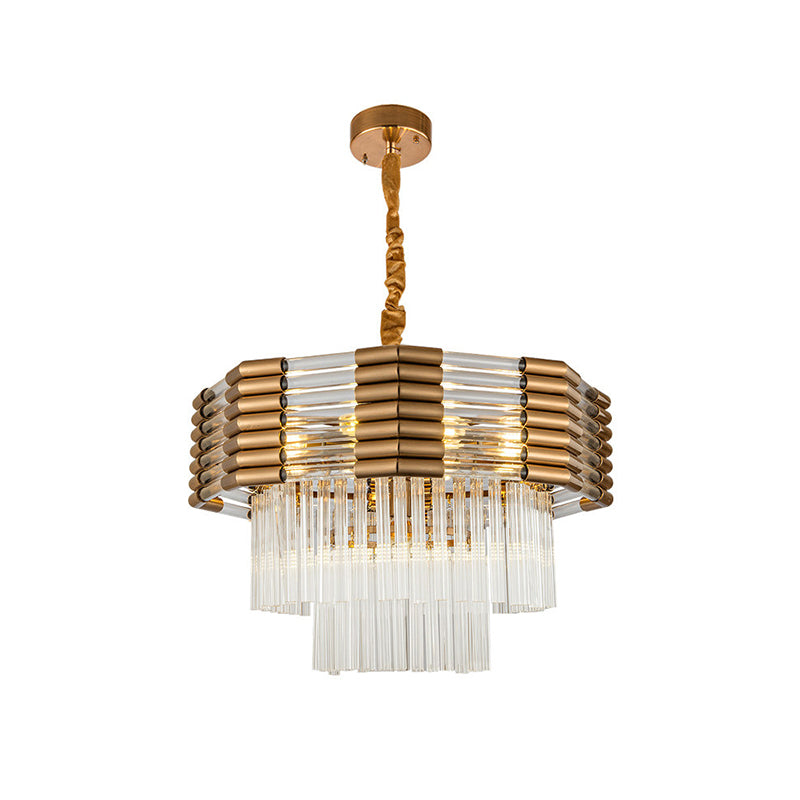 Brass Tiered Hanging Chandelier Minimalism K9 Crystal 9-Light Bedroom Suspension Pendant Clearhalo 'Ceiling Lights' 'Chandeliers' 'Modern Chandeliers' 'Modern' Lighting' 874904