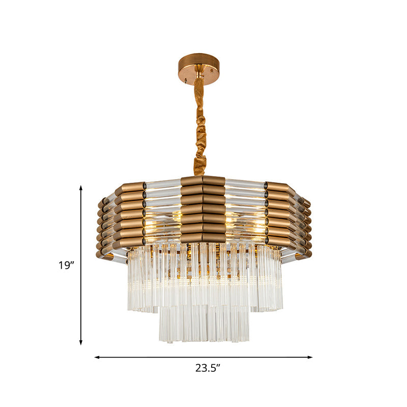 Brass Tiered Hanging Chandelier Minimalism K9 Crystal 9-Light Bedroom Suspension Pendant Clearhalo 'Ceiling Lights' 'Chandeliers' 'Modern Chandeliers' 'Modern' Lighting' 874905