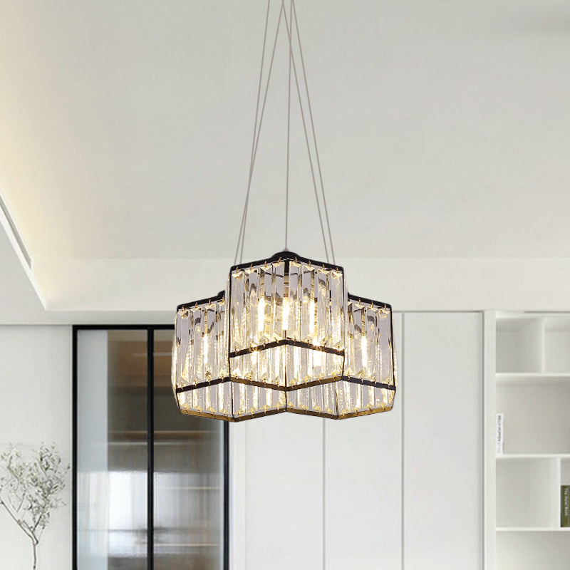 3/4 Heads Ceiling Chandelier Simple Hexagon Clear K9 Crystal Hanging Pendant Light in Black 3 Black Clearhalo 'Ceiling Lights' 'Chandeliers' 'Modern Chandeliers' 'Modern' Lighting' 874914