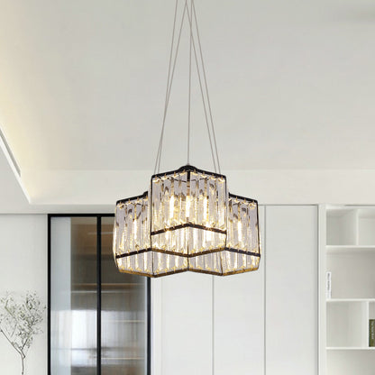 3/4 Heads Ceiling Chandelier Simple Hexagon Clear K9 Crystal Hanging Pendant Light in Black 3 Black Clearhalo 'Ceiling Lights' 'Chandeliers' 'Modern Chandeliers' 'Modern' Lighting' 874914