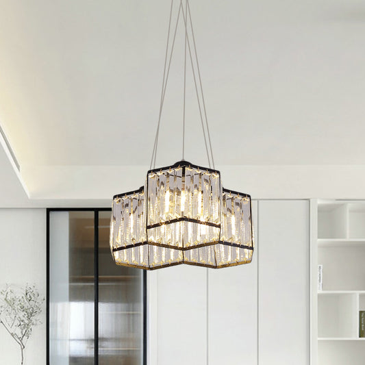 3/4 Heads Ceiling Chandelier Simple Hexagon Clear K9 Crystal Hanging Pendant Light in Black 3 Black Clearhalo 'Ceiling Lights' 'Chandeliers' 'Modern Chandeliers' 'Modern' Lighting' 874914