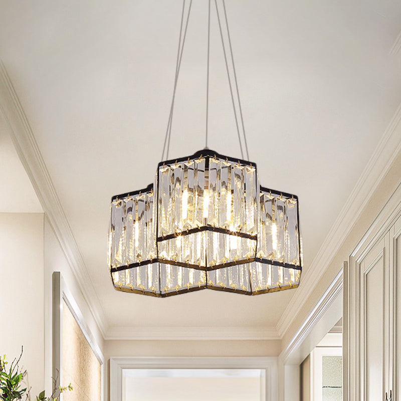 3/4 Heads Ceiling Chandelier Simple Hexagon Clear K9 Crystal Hanging Pendant Light in Black Clearhalo 'Ceiling Lights' 'Chandeliers' 'Modern Chandeliers' 'Modern' Lighting' 874915