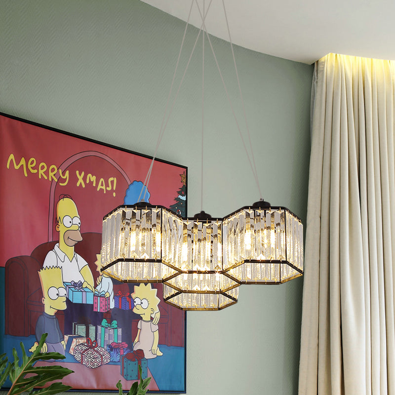3/4 Heads Ceiling Chandelier Simple Hexagon Clear K9 Crystal Hanging Pendant Light in Black Clearhalo 'Ceiling Lights' 'Chandeliers' 'Modern Chandeliers' 'Modern' Lighting' 874919