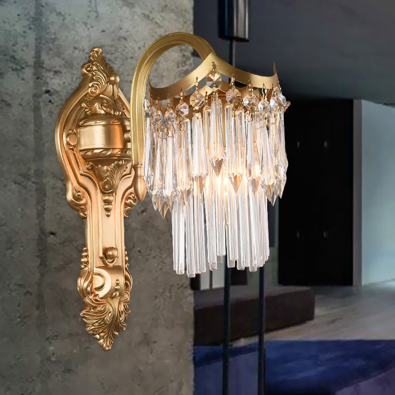 2 Tiers Crystal Wall Sconce Modernism Single Light Bedroom Wall Light in Brass with Carved Backplate Brass Clearhalo 'Cast Iron' 'Glass' 'Industrial' 'Modern wall lights' 'Modern' 'Tiffany' 'Traditional wall lights' 'Wall Lamps & Sconces' 'Wall Lights' Lighting' 875118