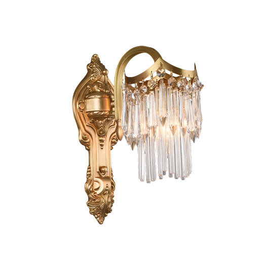 2 Tiers Crystal Wall Sconce Modernism Single Light Bedroom Wall Light in Brass with Carved Backplate Clearhalo 'Cast Iron' 'Glass' 'Industrial' 'Modern wall lights' 'Modern' 'Tiffany' 'Traditional wall lights' 'Wall Lamps & Sconces' 'Wall Lights' Lighting' 875119