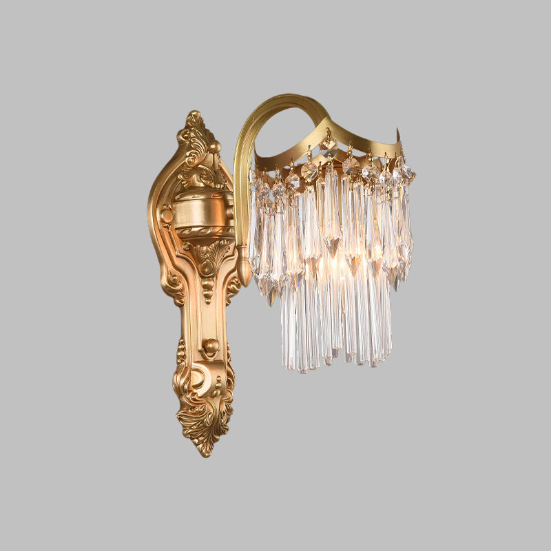 2 Tiers Crystal Wall Sconce Modernism Single Light Bedroom Wall Light in Brass with Carved Backplate Clearhalo 'Cast Iron' 'Glass' 'Industrial' 'Modern wall lights' 'Modern' 'Tiffany' 'Traditional wall lights' 'Wall Lamps & Sconces' 'Wall Lights' Lighting' 875120