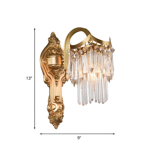 2 Tiers Crystal Wall Sconce Modernism Single Light Bedroom Wall Light in Brass with Carved Backplate Clearhalo 'Cast Iron' 'Glass' 'Industrial' 'Modern wall lights' 'Modern' 'Tiffany' 'Traditional wall lights' 'Wall Lamps & Sconces' 'Wall Lights' Lighting' 875121