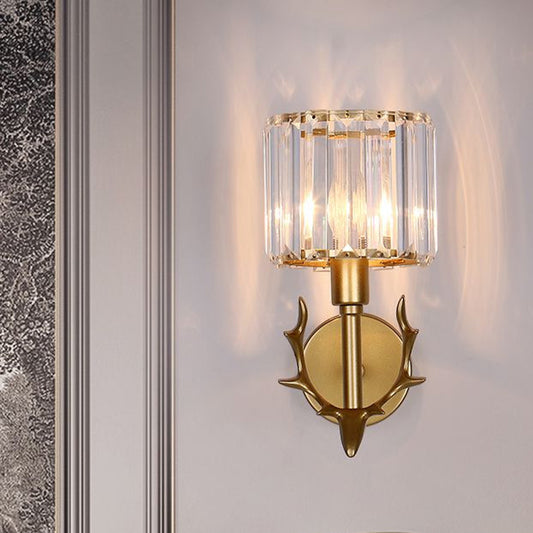 Clear Crystal Cylinder Wall Light Contemporary 1 Bulb Living Room Sconce in Gold with Antler Decor Gold Clearhalo 'Cast Iron' 'Glass' 'Industrial' 'Modern wall lights' 'Modern' 'Tiffany' 'Traditional wall lights' 'Wall Lamps & Sconces' 'Wall Lights' Lighting' 875122