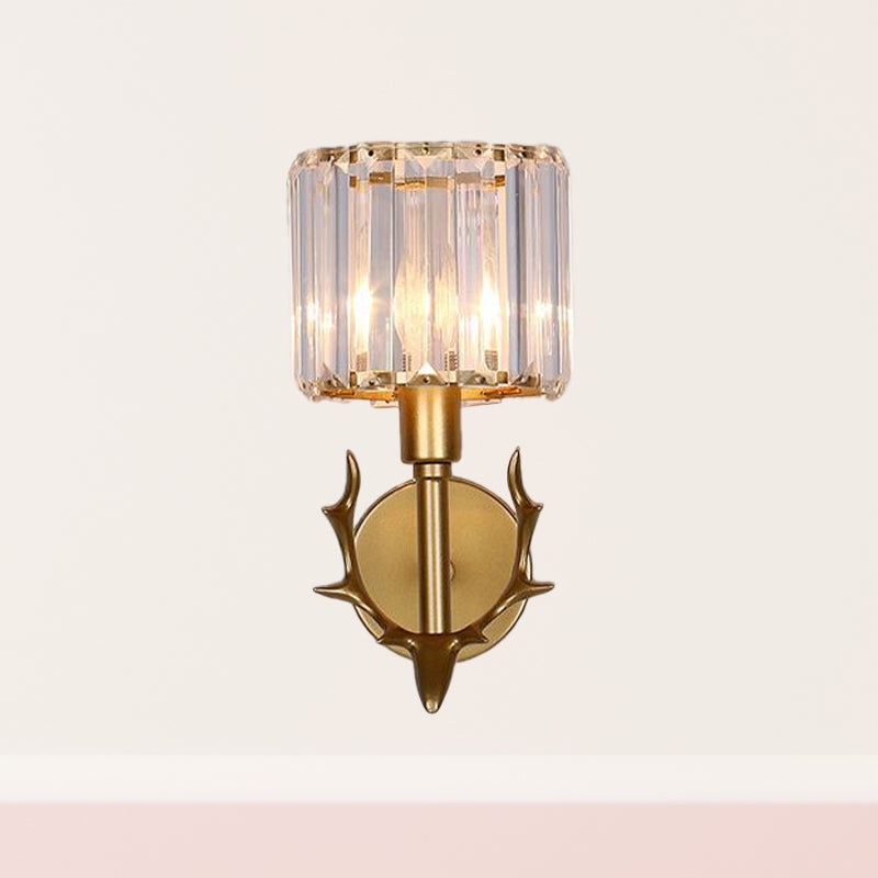 Clear Crystal Cylinder Wall Light Contemporary 1 Bulb Living Room Sconce in Gold with Antler Decor Clearhalo 'Cast Iron' 'Glass' 'Industrial' 'Modern wall lights' 'Modern' 'Tiffany' 'Traditional wall lights' 'Wall Lamps & Sconces' 'Wall Lights' Lighting' 875123