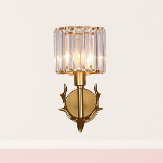 Clear Crystal Cylinder Wall Light Contemporary 1 Bulb Living Room Sconce in Gold with Antler Decor Clearhalo 'Cast Iron' 'Glass' 'Industrial' 'Modern wall lights' 'Modern' 'Tiffany' 'Traditional wall lights' 'Wall Lamps & Sconces' 'Wall Lights' Lighting' 875123