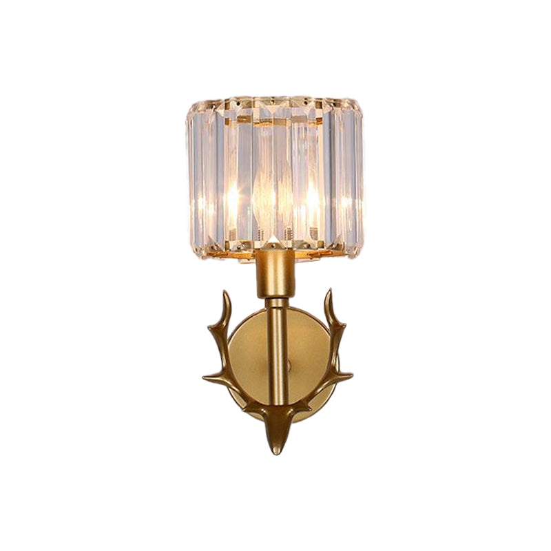 Clear Crystal Cylinder Wall Light Contemporary 1 Bulb Living Room Sconce in Gold with Antler Decor Clearhalo 'Cast Iron' 'Glass' 'Industrial' 'Modern wall lights' 'Modern' 'Tiffany' 'Traditional wall lights' 'Wall Lamps & Sconces' 'Wall Lights' Lighting' 875124