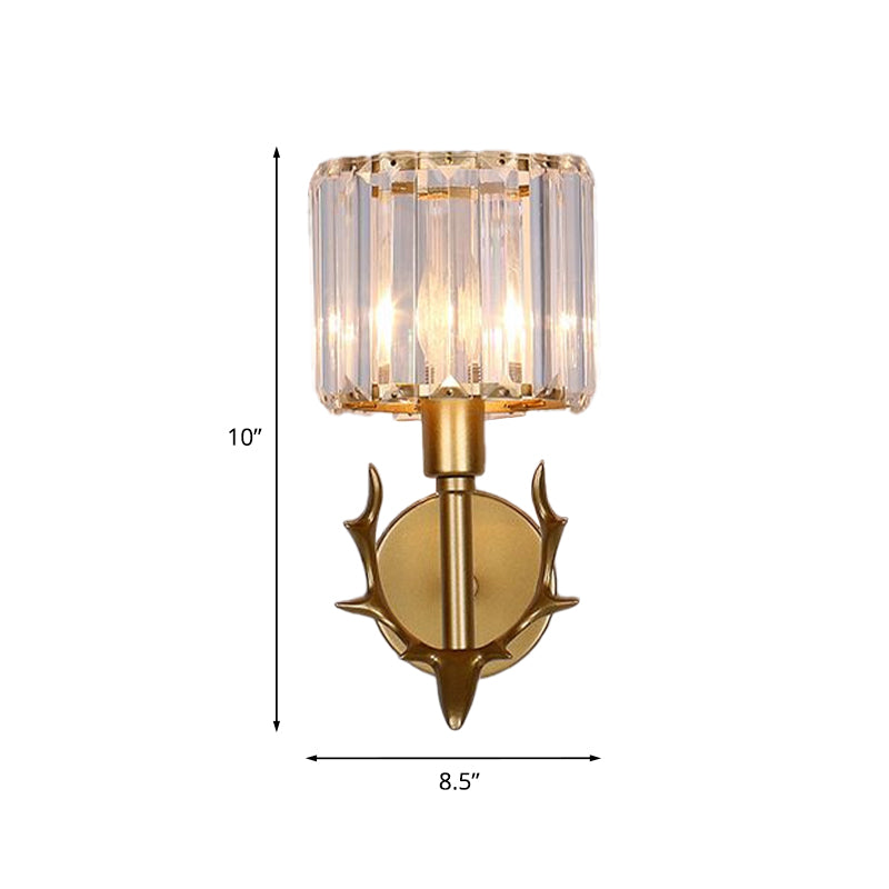 Clear Crystal Cylinder Wall Light Contemporary 1 Bulb Living Room Sconce in Gold with Antler Decor Clearhalo 'Cast Iron' 'Glass' 'Industrial' 'Modern wall lights' 'Modern' 'Tiffany' 'Traditional wall lights' 'Wall Lamps & Sconces' 'Wall Lights' Lighting' 875125