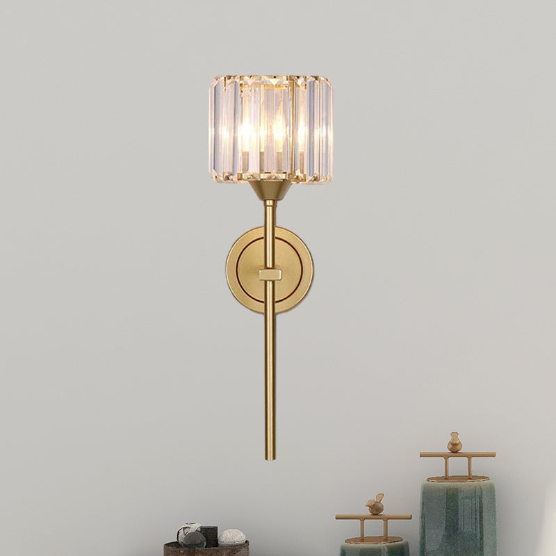 Simplicity Cylindrical Wall Lamp 1 Head Clear Crystal Block Sconce in Gold with Pencil Arm Gold Clearhalo 'Cast Iron' 'Glass' 'Industrial' 'Modern wall lights' 'Modern' 'Tiffany' 'Traditional wall lights' 'Wall Lamps & Sconces' 'Wall Lights' Lighting' 875126