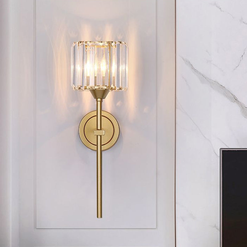 Simplicity Cylindrical Wall Lamp 1 Head Clear Crystal Block Sconce in Gold with Pencil Arm Clearhalo 'Cast Iron' 'Glass' 'Industrial' 'Modern wall lights' 'Modern' 'Tiffany' 'Traditional wall lights' 'Wall Lamps & Sconces' 'Wall Lights' Lighting' 875127