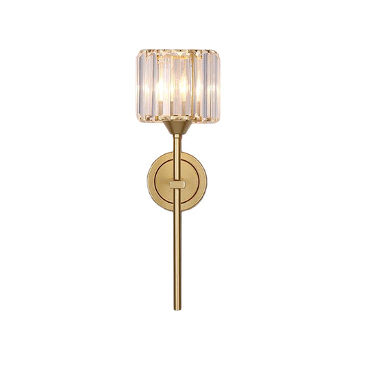 Simplicity Cylindrical Wall Lamp 1 Head Clear Crystal Block Sconce in Gold with Pencil Arm Clearhalo 'Cast Iron' 'Glass' 'Industrial' 'Modern wall lights' 'Modern' 'Tiffany' 'Traditional wall lights' 'Wall Lamps & Sconces' 'Wall Lights' Lighting' 875128