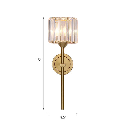Simplicity Cylindrical Wall Lamp 1 Head Clear Crystal Block Sconce in Gold with Pencil Arm Clearhalo 'Cast Iron' 'Glass' 'Industrial' 'Modern wall lights' 'Modern' 'Tiffany' 'Traditional wall lights' 'Wall Lamps & Sconces' 'Wall Lights' Lighting' 875129