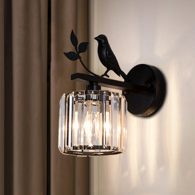 Black/Gold 1 Bulb Sconce Lamp Minimalism K9 Crystal Cylindrical Wall Lighting with Bird Decoration Clearhalo 'Cast Iron' 'Glass' 'Industrial' 'Modern wall lights' 'Modern' 'Tiffany' 'Traditional wall lights' 'Wall Lamps & Sconces' 'Wall Lights' Lighting' 875139