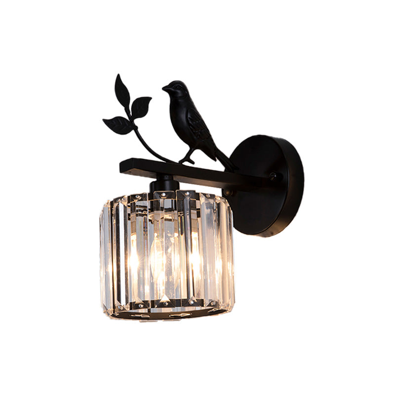 Black/Gold 1 Bulb Sconce Lamp Minimalism K9 Crystal Cylindrical Wall Lighting with Bird Decoration Clearhalo 'Cast Iron' 'Glass' 'Industrial' 'Modern wall lights' 'Modern' 'Tiffany' 'Traditional wall lights' 'Wall Lamps & Sconces' 'Wall Lights' Lighting' 875140