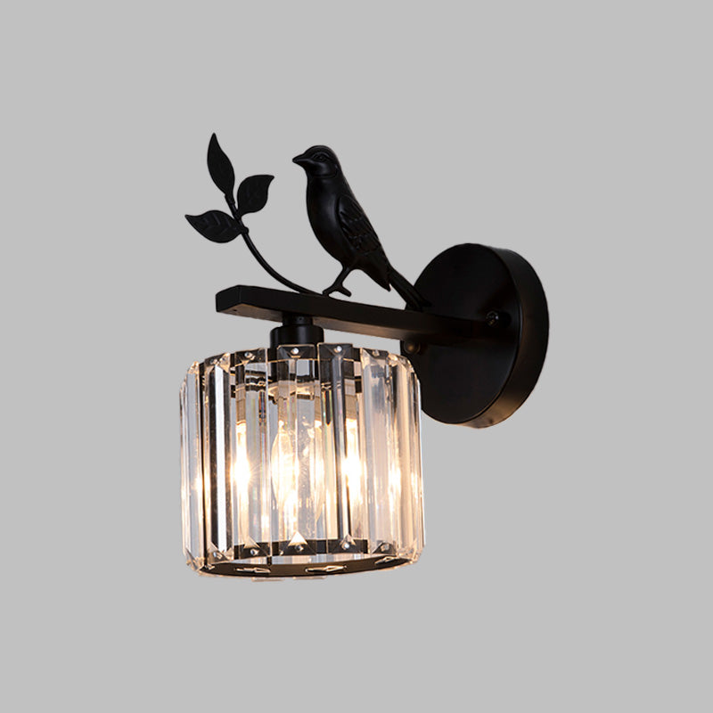 Black/Gold 1 Bulb Sconce Lamp Minimalism K9 Crystal Cylindrical Wall Lighting with Bird Decoration Clearhalo 'Cast Iron' 'Glass' 'Industrial' 'Modern wall lights' 'Modern' 'Tiffany' 'Traditional wall lights' 'Wall Lamps & Sconces' 'Wall Lights' Lighting' 875141