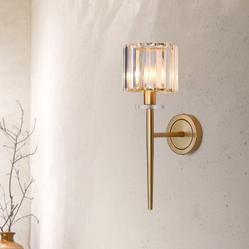 Crystal Block Gold Wall Sconce Cylindrical 1 Light Simple Wall Lighting Fixture with Iron Pencil Arm Gold Clearhalo 'Cast Iron' 'Glass' 'Industrial' 'Modern wall lights' 'Modern' 'Tiffany' 'Traditional wall lights' 'Wall Lamps & Sconces' 'Wall Lights' Lighting' 875150