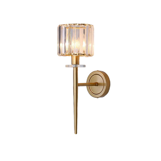 Crystal Block Gold Wall Sconce Cylindrical 1 Light Simple Wall Lighting Fixture with Iron Pencil Arm Clearhalo 'Cast Iron' 'Glass' 'Industrial' 'Modern wall lights' 'Modern' 'Tiffany' 'Traditional wall lights' 'Wall Lamps & Sconces' 'Wall Lights' Lighting' 875152