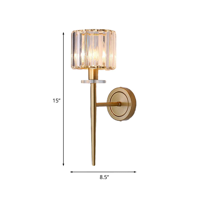 Crystal Block Gold Wall Sconce Cylindrical 1 Light Simple Wall Lighting Fixture with Iron Pencil Arm Clearhalo 'Cast Iron' 'Glass' 'Industrial' 'Modern wall lights' 'Modern' 'Tiffany' 'Traditional wall lights' 'Wall Lamps & Sconces' 'Wall Lights' Lighting' 875153