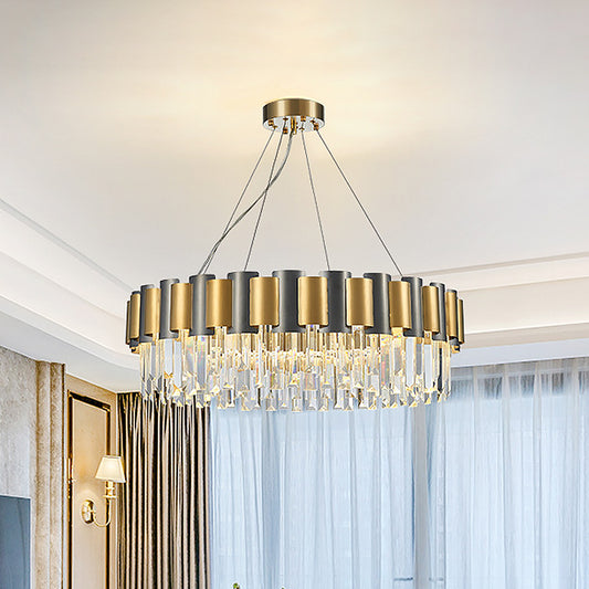Round Dining Room Chandelier Postmodern Clear Crystal 8 Bulbs Black and Gold Pendant Clearhalo 'Ceiling Lights' 'Chandeliers' 'Modern Chandeliers' 'Modern' Lighting' 875191