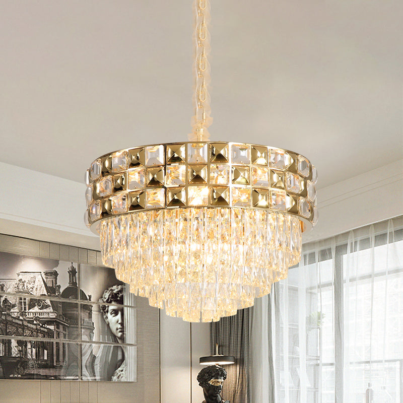 Gold 14-Bulb Pendant Light Postmodern Clear Crystal Tiered Round Chandelier Lamp for Bedroom Gold Clearhalo 'Ceiling Lights' 'Chandeliers' 'Modern Chandeliers' 'Modern' Lighting' 875194