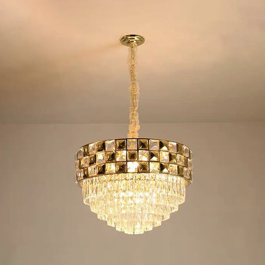 Gold 14-Bulb Pendant Light Postmodern Clear Crystal Tiered Round Chandelier Lamp for Bedroom Clearhalo 'Ceiling Lights' 'Chandeliers' 'Modern Chandeliers' 'Modern' Lighting' 875195