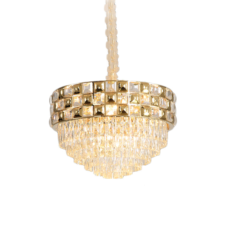 Gold 14-Bulb Pendant Light Postmodern Clear Crystal Tiered Round Chandelier Lamp for Bedroom Clearhalo 'Ceiling Lights' 'Chandeliers' 'Modern Chandeliers' 'Modern' Lighting' 875196
