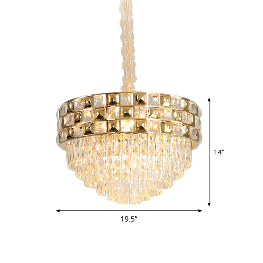 Gold 14-Bulb Pendant Light Postmodern Clear Crystal Tiered Round Chandelier Lamp for Bedroom Clearhalo 'Ceiling Lights' 'Chandeliers' 'Modern Chandeliers' 'Modern' Lighting' 875197